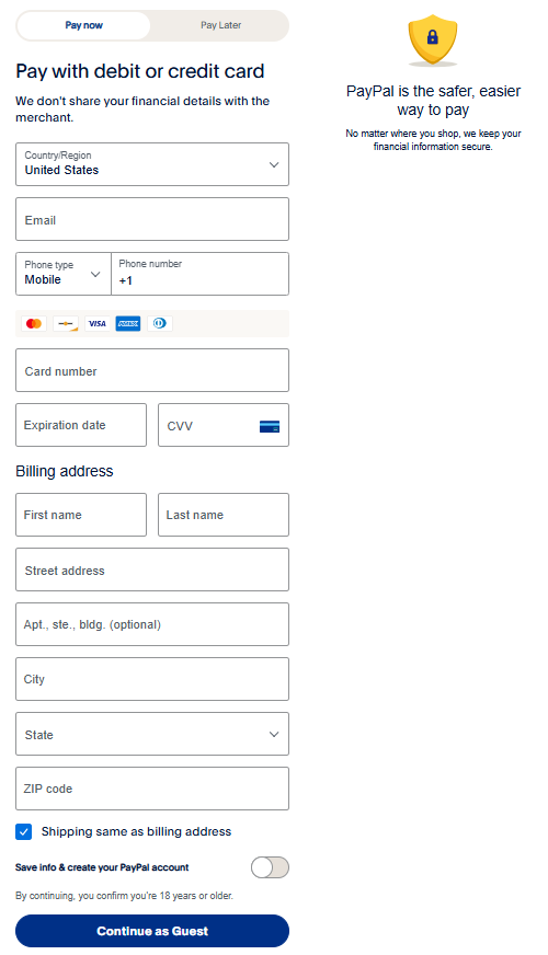 PayPal Guest Payment Screenshot